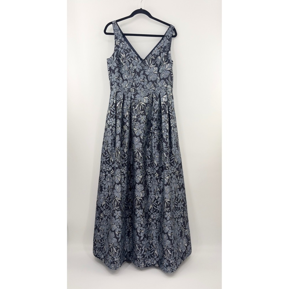 Theia Floral Slate Ball Gown Womens 10 Silver Blue Brocade Maxi Formal Evening - Picture 5 of 12